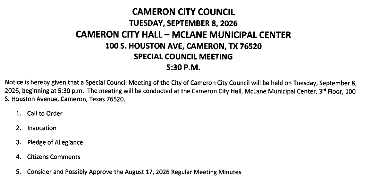 Original scan of the top of page 1 of the City of Cameron council agenda for September 8, 2026: the title block, the meeting notice, and agenda items 1 to 5. A picture of text, with no tags.