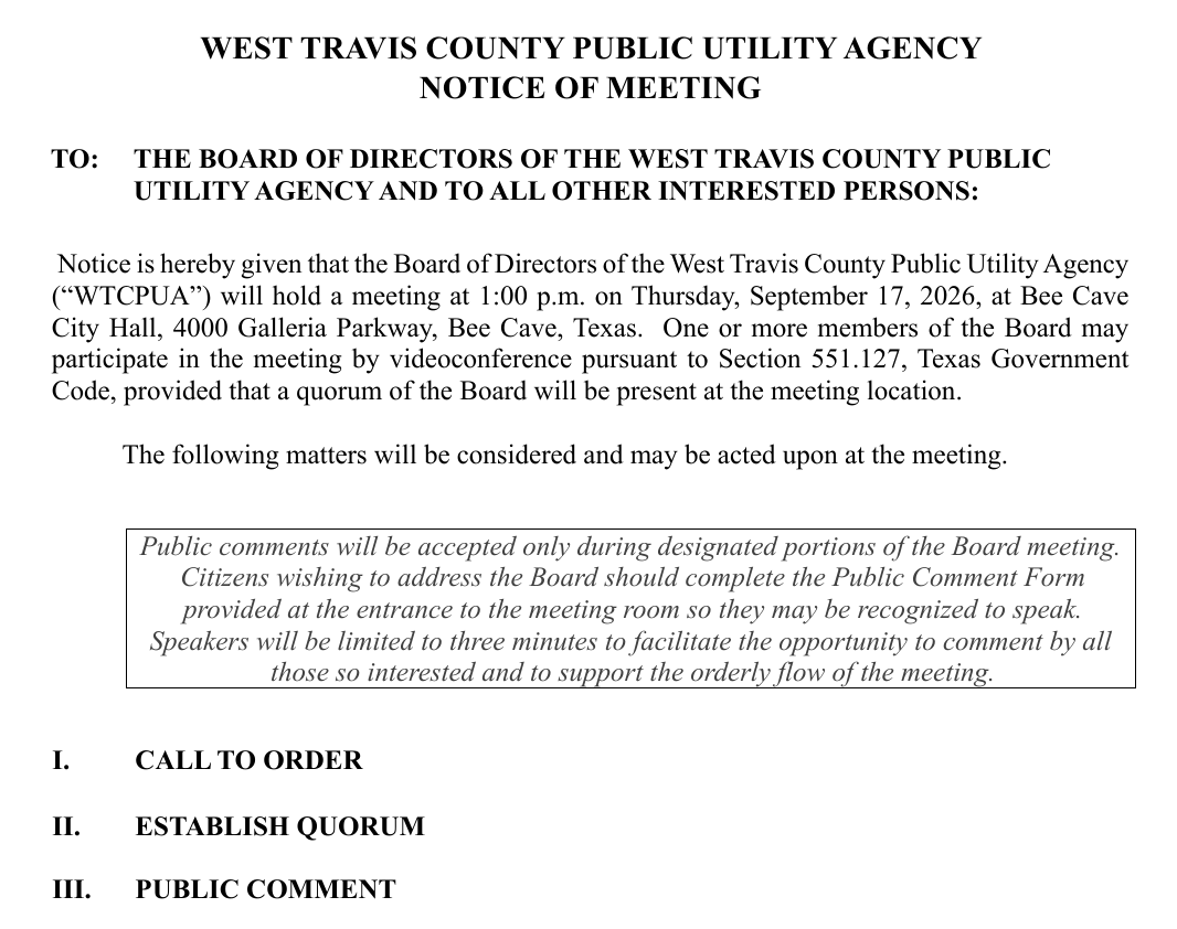 Original page 1 of the West Travis County PUA agenda, upper part: the title Notice of Meeting, the TO line addressed to the Board of Directors, the meeting notice paragraph, a boxed note in italics about public comment, and agenda items I to III. No outlines; the file has no tags.
